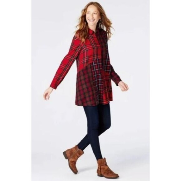 J. Jill Tops - J. Jill Cotton Red Plaid Flannel Patchwork Long Tunic Top Button Up Shirt Sz S